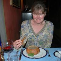 Patricia eating soup in bread (Blue Duck)